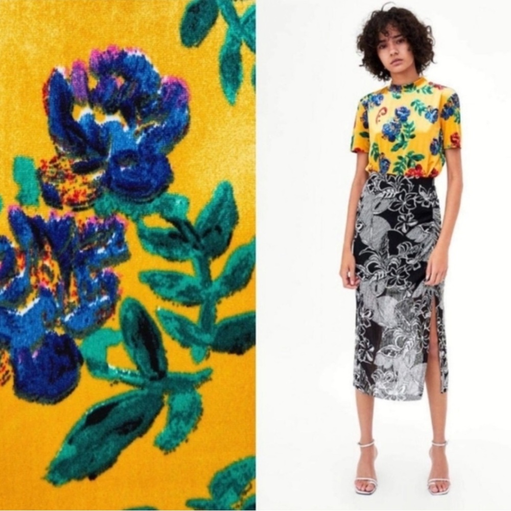 Zara Yellow Floral Velvet Mock Neck Short Sleeve Top, Size Medium